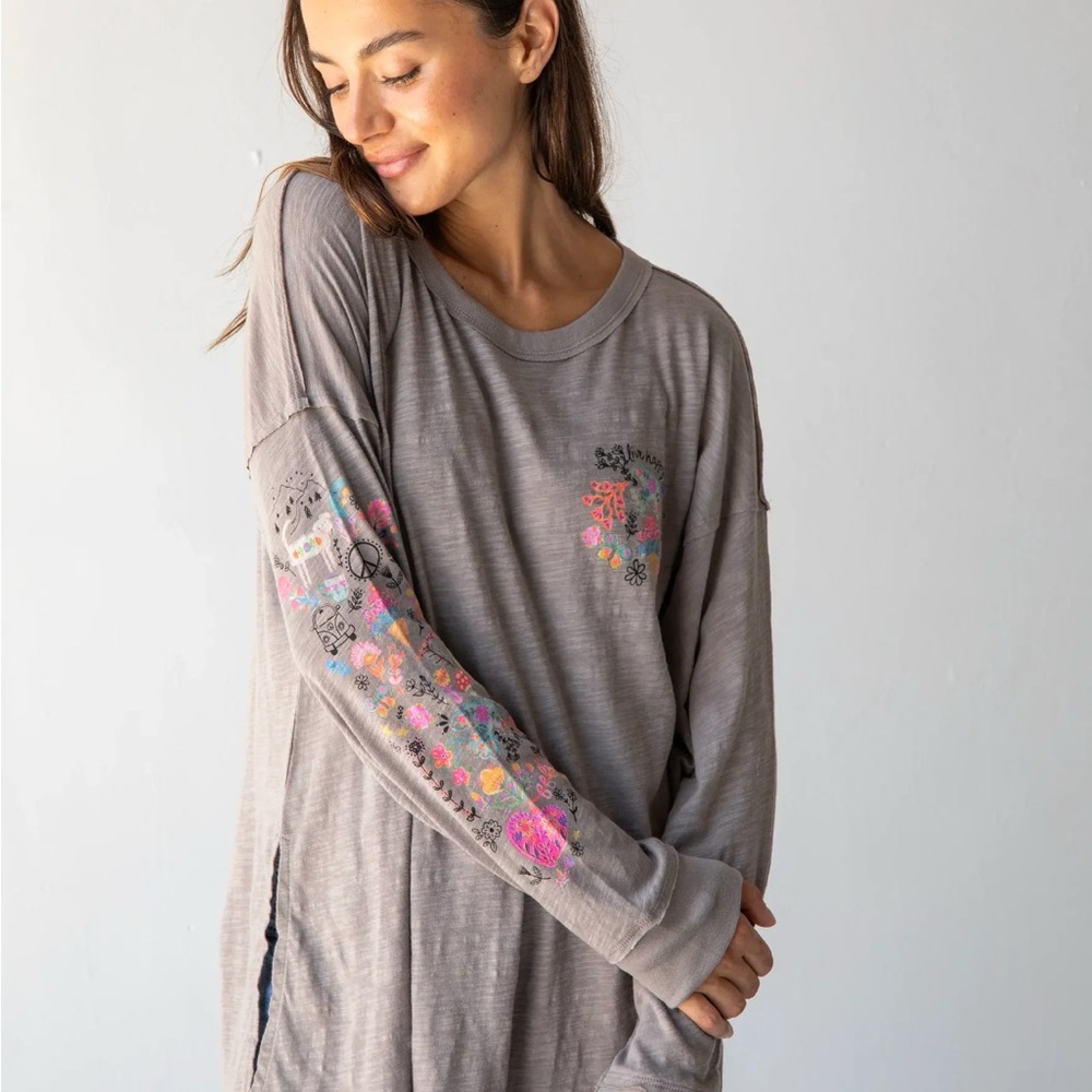 Floral Graphic Long Sleeve Top, oversized cotton tee.